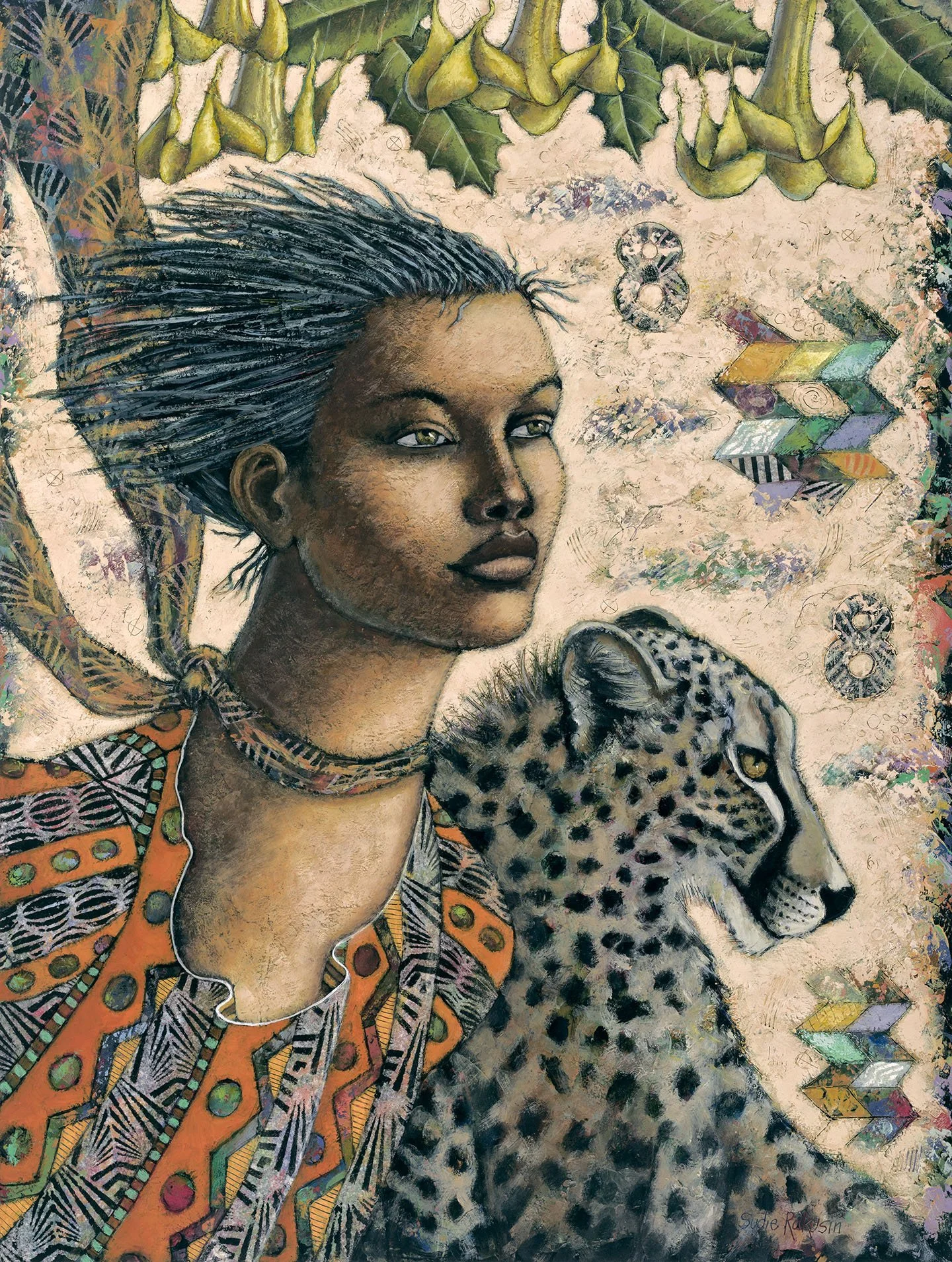 Number 8: High energy and prosperous, pure Life Force of Prana; the breath that gives us vitality in life that fuels our souls and every part of existence  
2026  
Cold wax and oil and collage  
24” h x 20” w  
$1,800