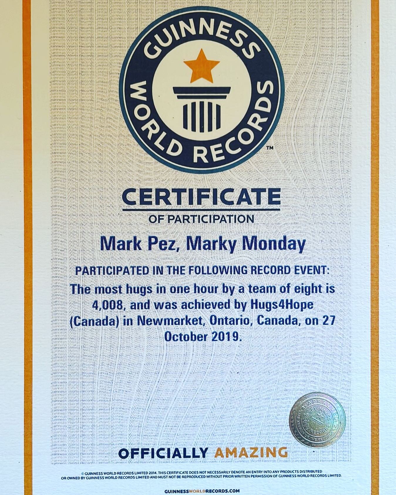My Guinness World Record arrived in the mail today. I played the mandolin and sang &ldquo;Hug The Ones You Love&rdquo; while we broke the world record for most hugs in an hour. Thank you @nancybodi1 For mailing this to me. I feel so blessed! What a m