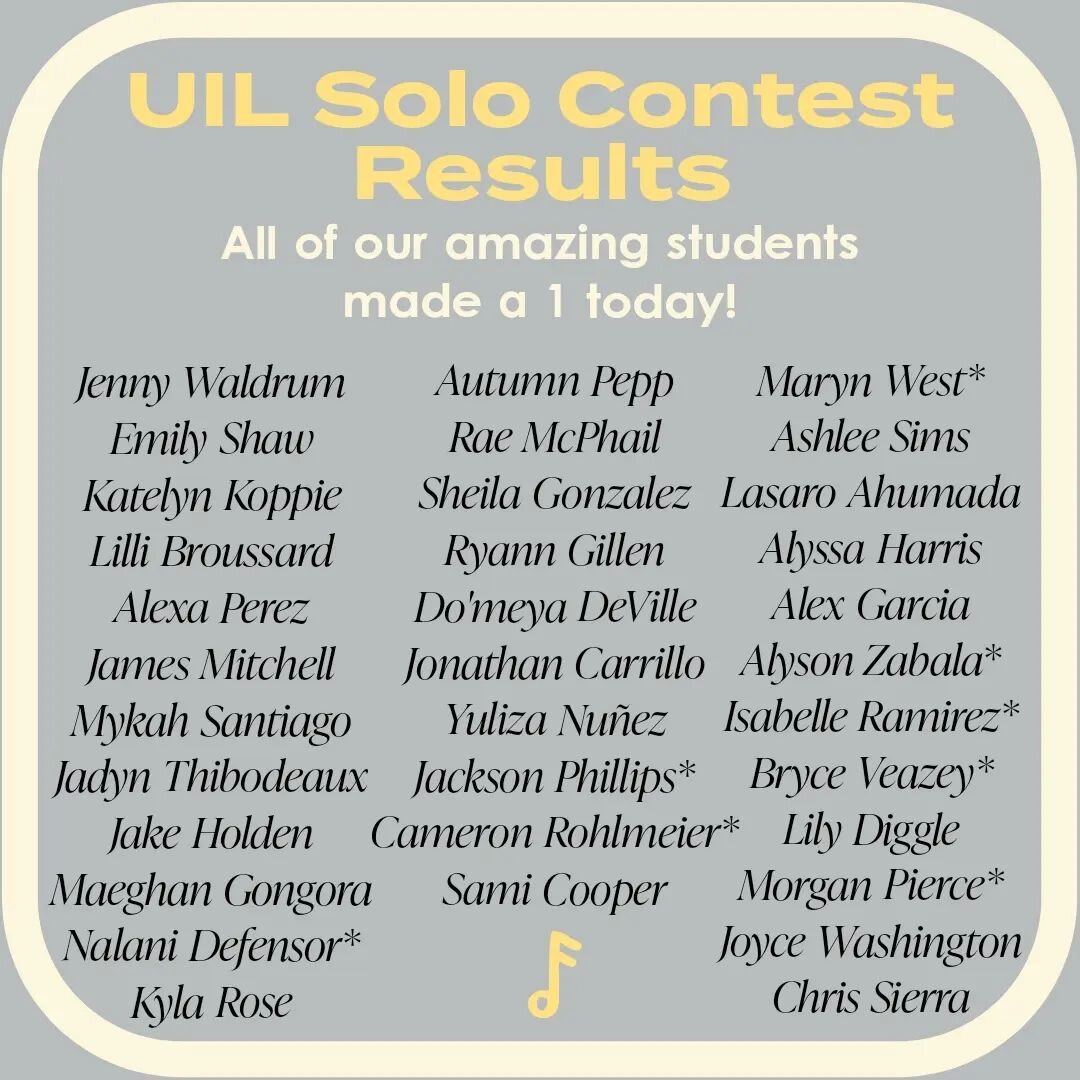 So proud of our wonderful Conroe Choir singers today!! You all earned a 1 on your solo - how awesome!! Congrats, friends! 🎉🎉 Proud of your hard work! ☺️👏

(a * notates someone that sang a level 1 solo)