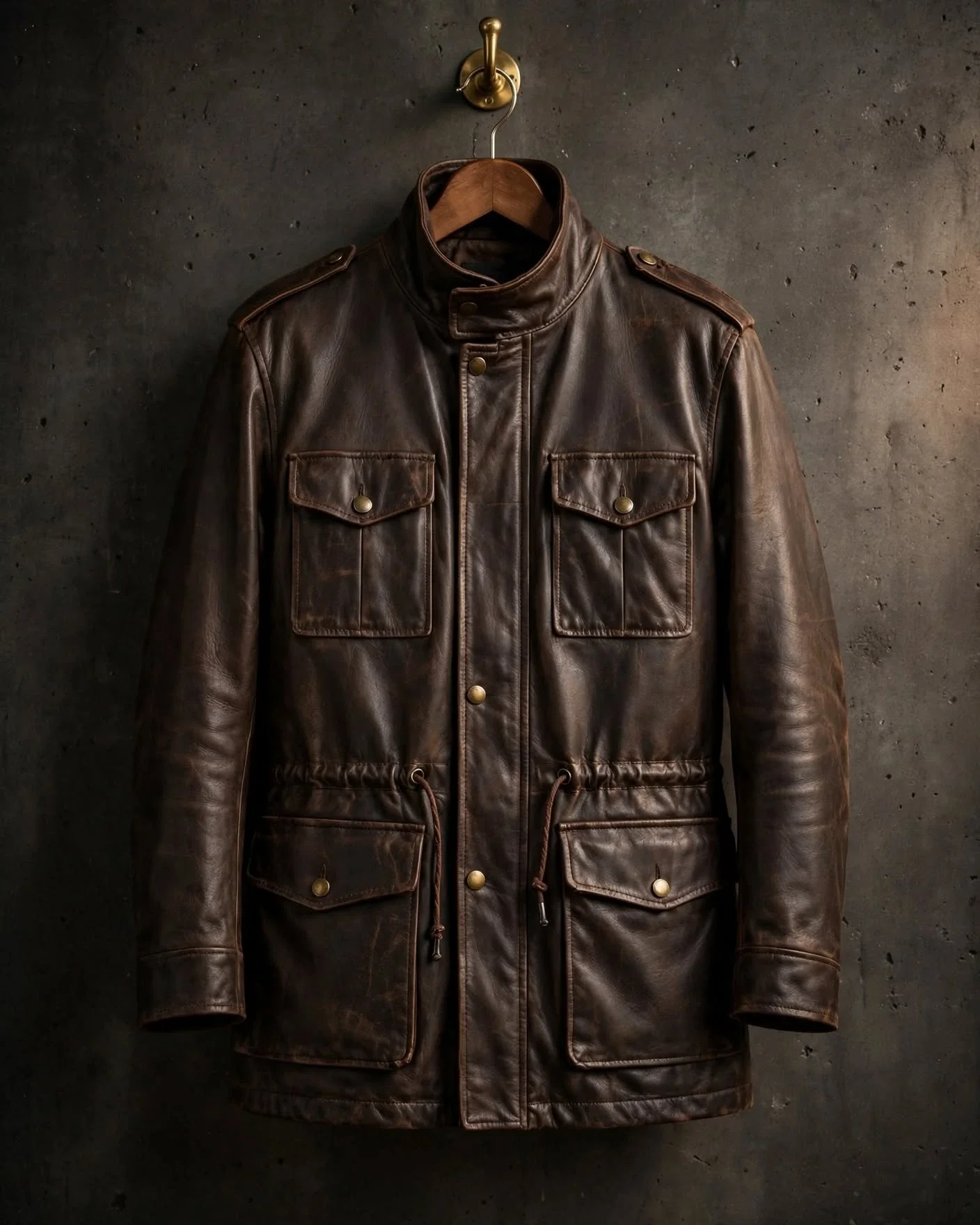 Dark brown leather field jacket M-65 style with stand collar, four front flap pockets with snaps, epaulettes and drawcord waist