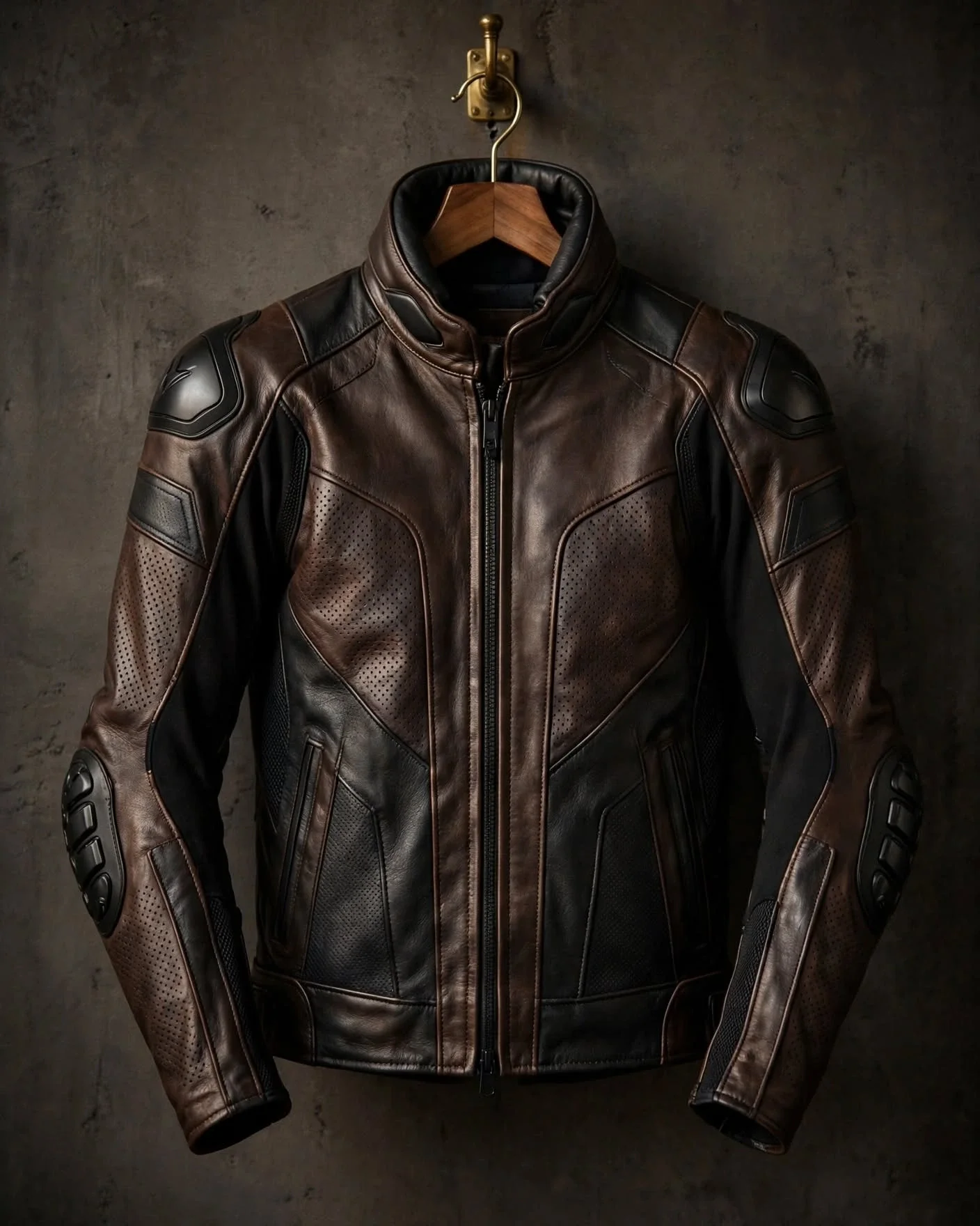 Two-tone brown and black leather motorcycle racing jacket with perforated panels, hard armor at shoulders and elbows, and aerodynamic racing fit