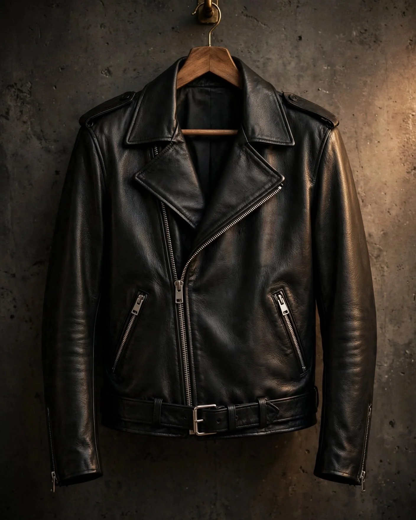 Black leather flight jacket A-2 style with shirt collar, front zip, two flap patch pockets and fitted waistband hanging on wooden hanger