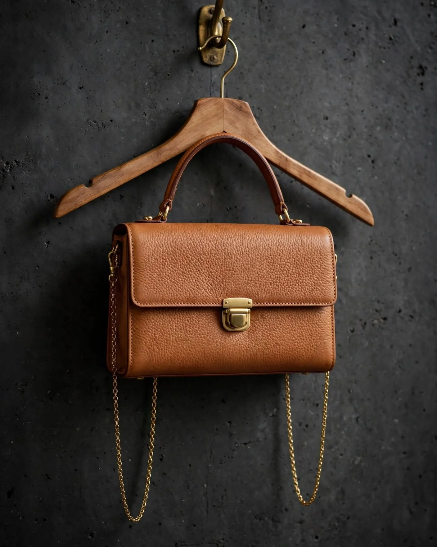 Natural tan pebbled leather evening bag with top handle and gold chain strap, brass push-lock clasp hanging against dark charcoal wall