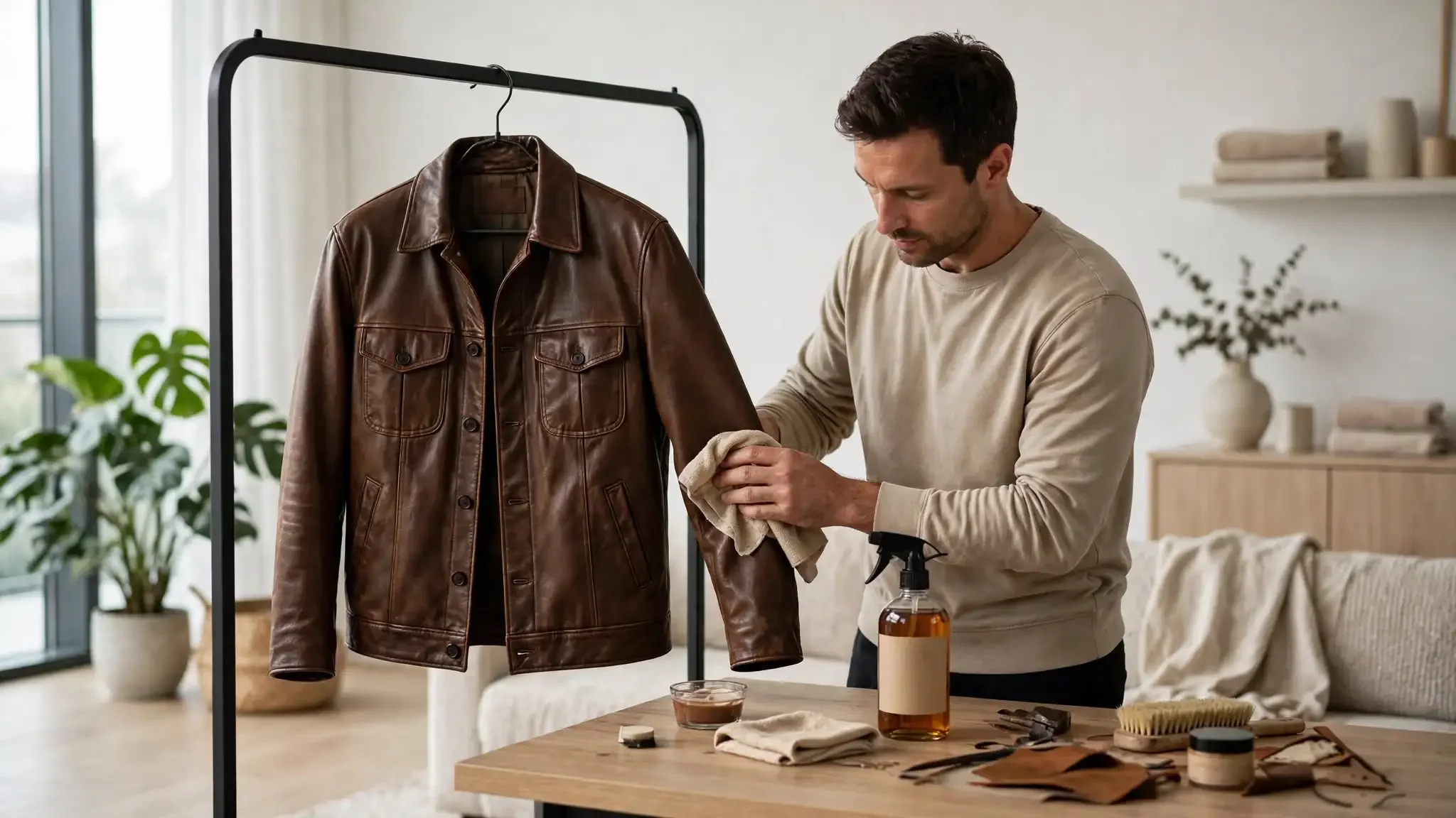 brown trucker jacket on a black clothing rack by a window, person in casual beige sweatshirt wiping the sleeve with a microfiber cloth, cleaner spray and conditioner on a light wood table, plants and soft natural light