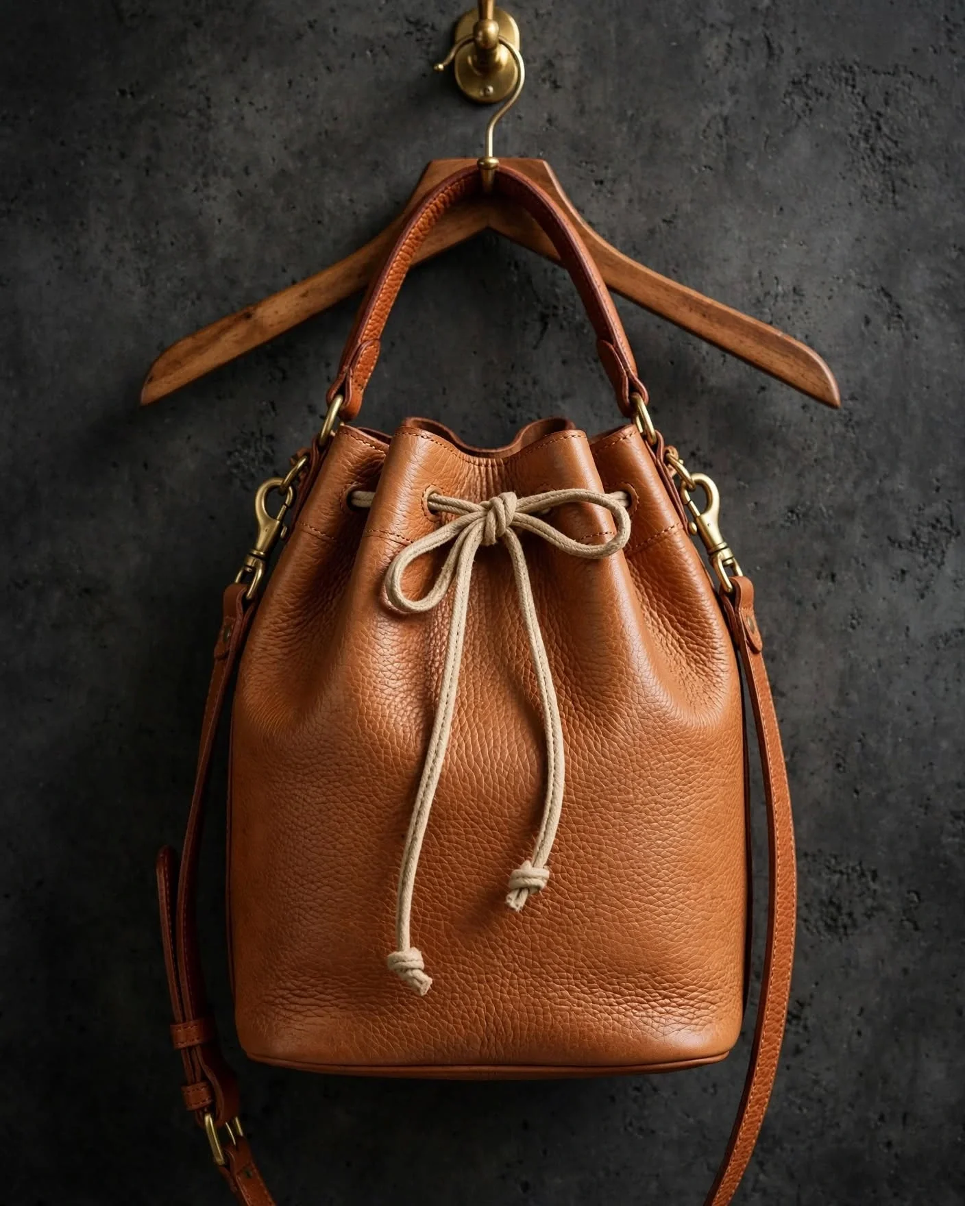 Natural tan leather bucket bag with drawstring closure, top handle and long shoulder strap with brass hardware hanging against dark charcoal wall