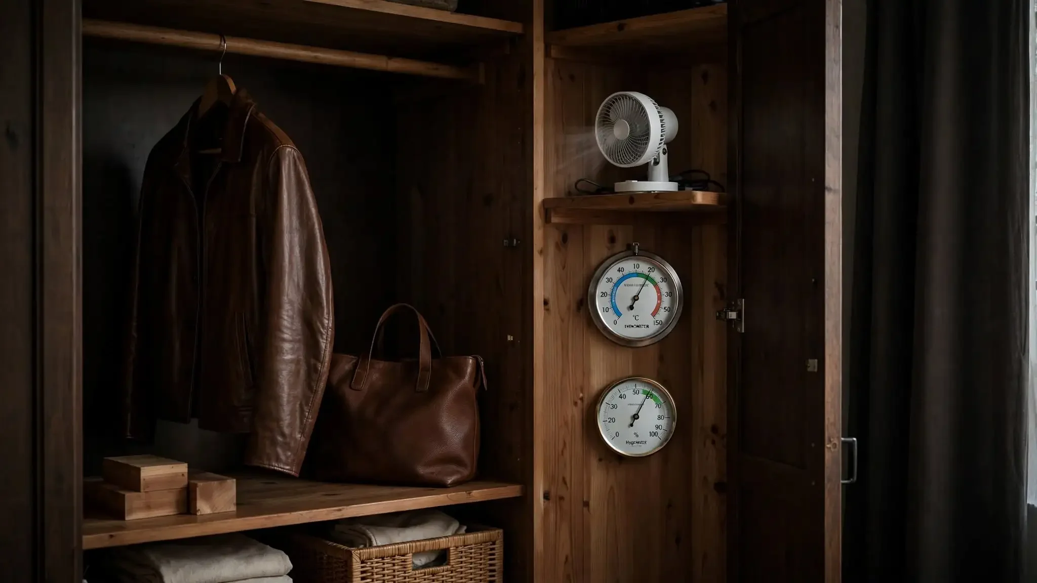photorealistic 16:9 closet interior with the user's leather jacket and bag, plus a thermometer at 18°C, hygrometer at 45%, small fan, and shaded dark space, arranged neatly