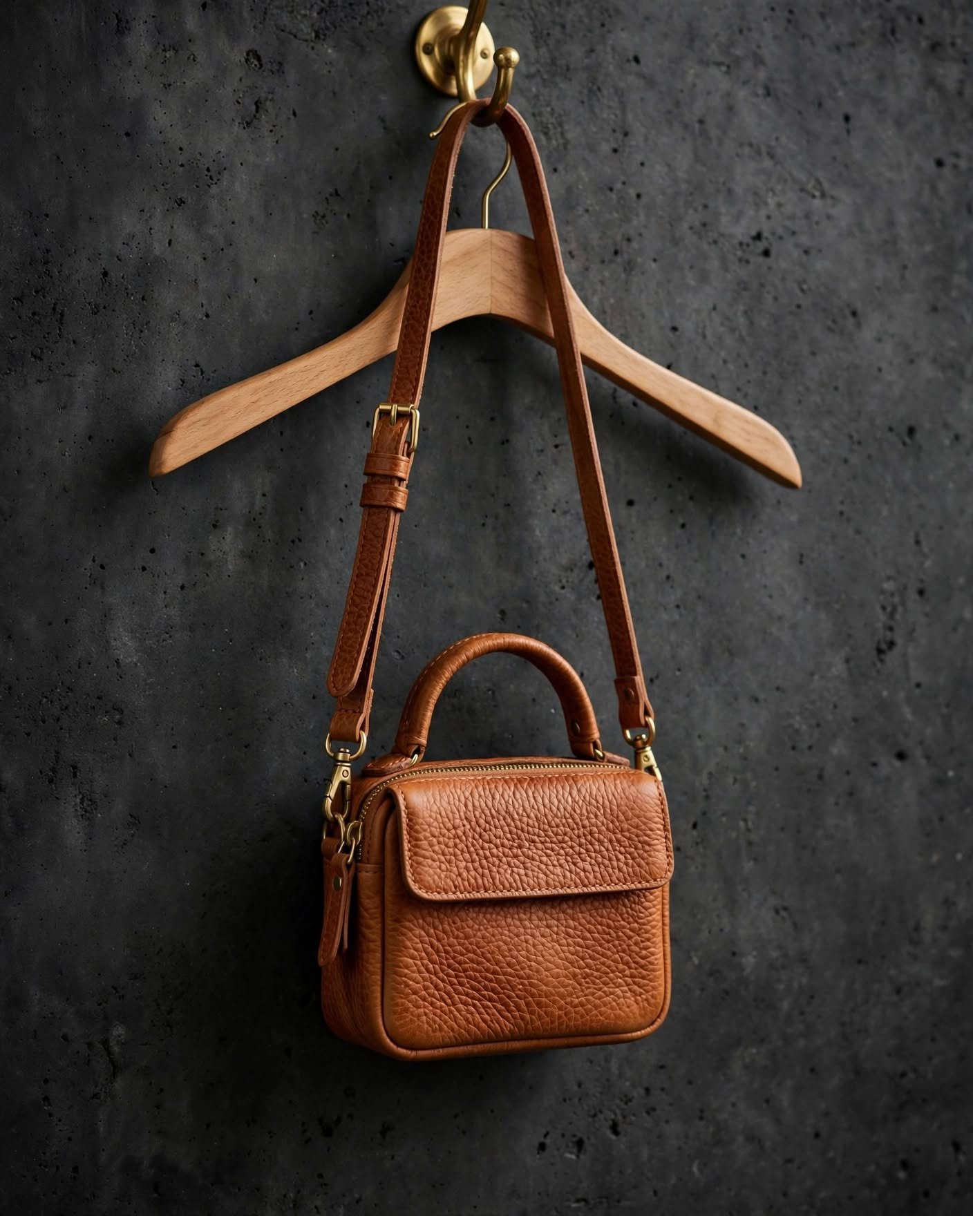 Natural tan pebbled leather mini bag with top handle, front flap and detachable crossbody strap hanging against dark charcoal wall