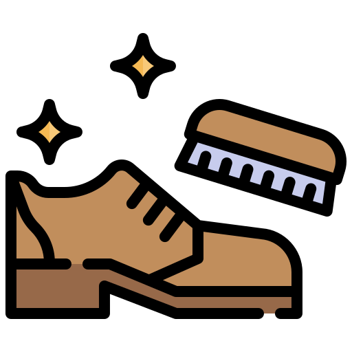 Illustration of a shoe being cleaned with a brush and cleaning solution.