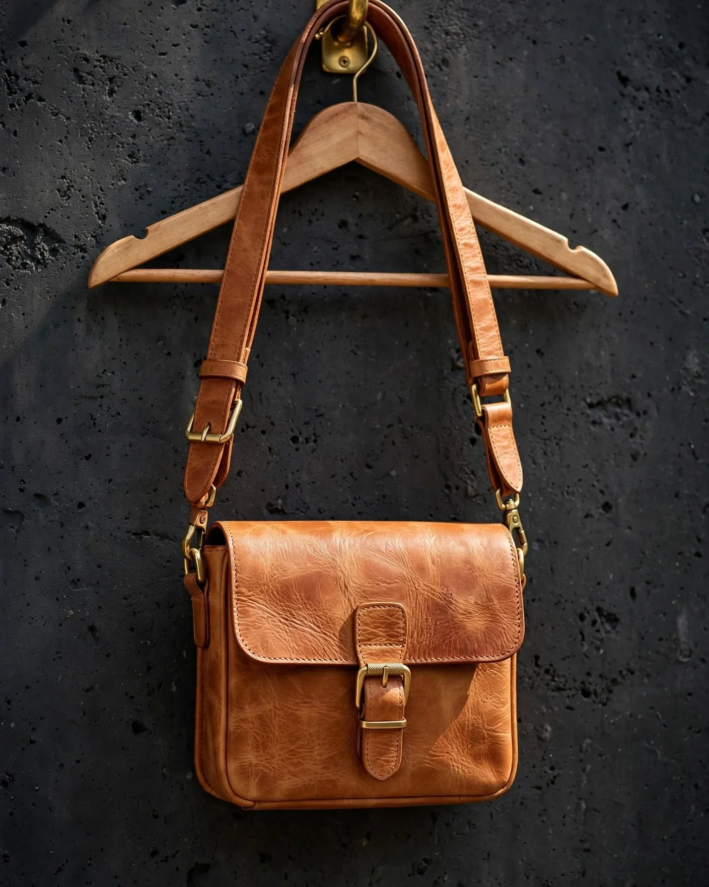 Natural tan leather crossbody bag with front flap buckle closure and adjustable shoulder strap hanging on wooden hanger against dark concrete wall