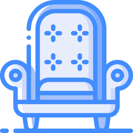A blue cartoon armchair with decorative patterns and rounded armrests.