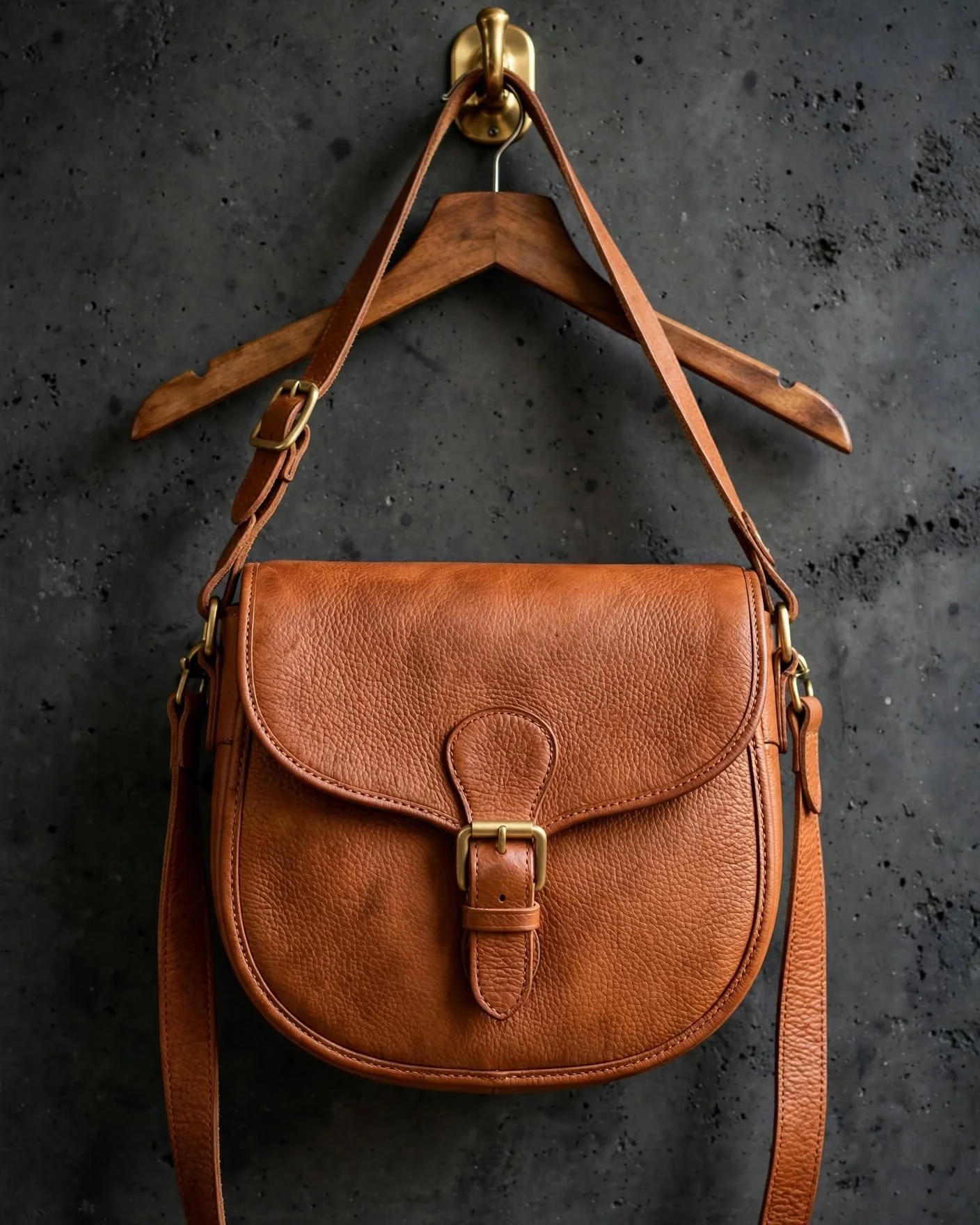 Natural tan leather saddle bag with curved flap and brass buckle closure, adjustable strap hanging on wooden hanger against dark charcoal wall