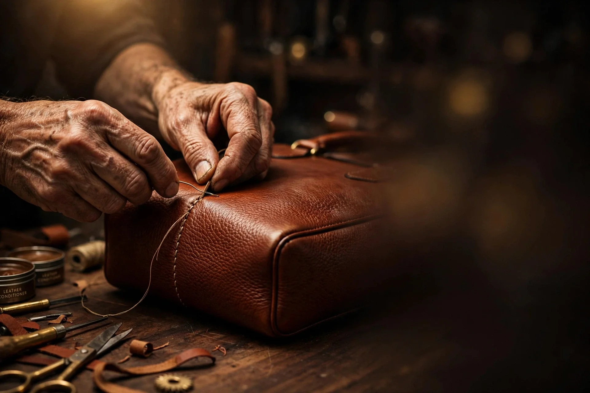 Close-up of a person's hands sewing leather onto a leather bag on a workbench, with sewing tools and spools of thread nearby.
