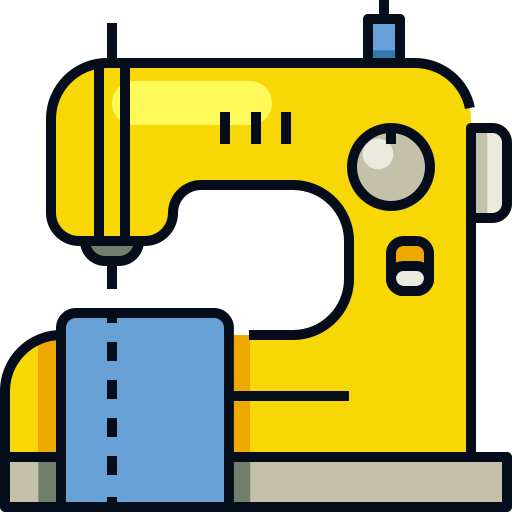 A yellow sewing machine with a blue piece of fabric under the needle.