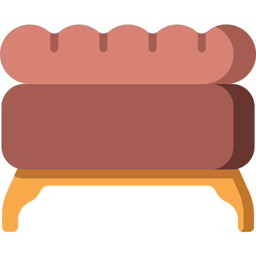 Illustration of a brown sofa on a wooden base.