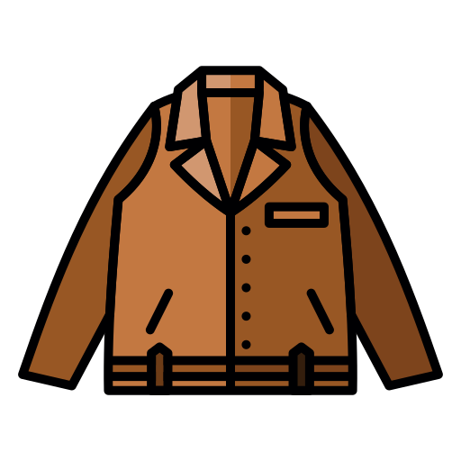 Illustration of a brown jacket with a collar, pockets, and a patch on the chest against a black background.