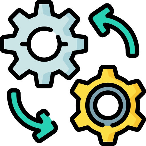 Illustration of two interconnected gears with arrows, representing synchronization or process flow.