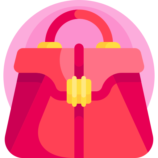 Colorful illustration of a pink handbag with yellow accents and a curved handle.