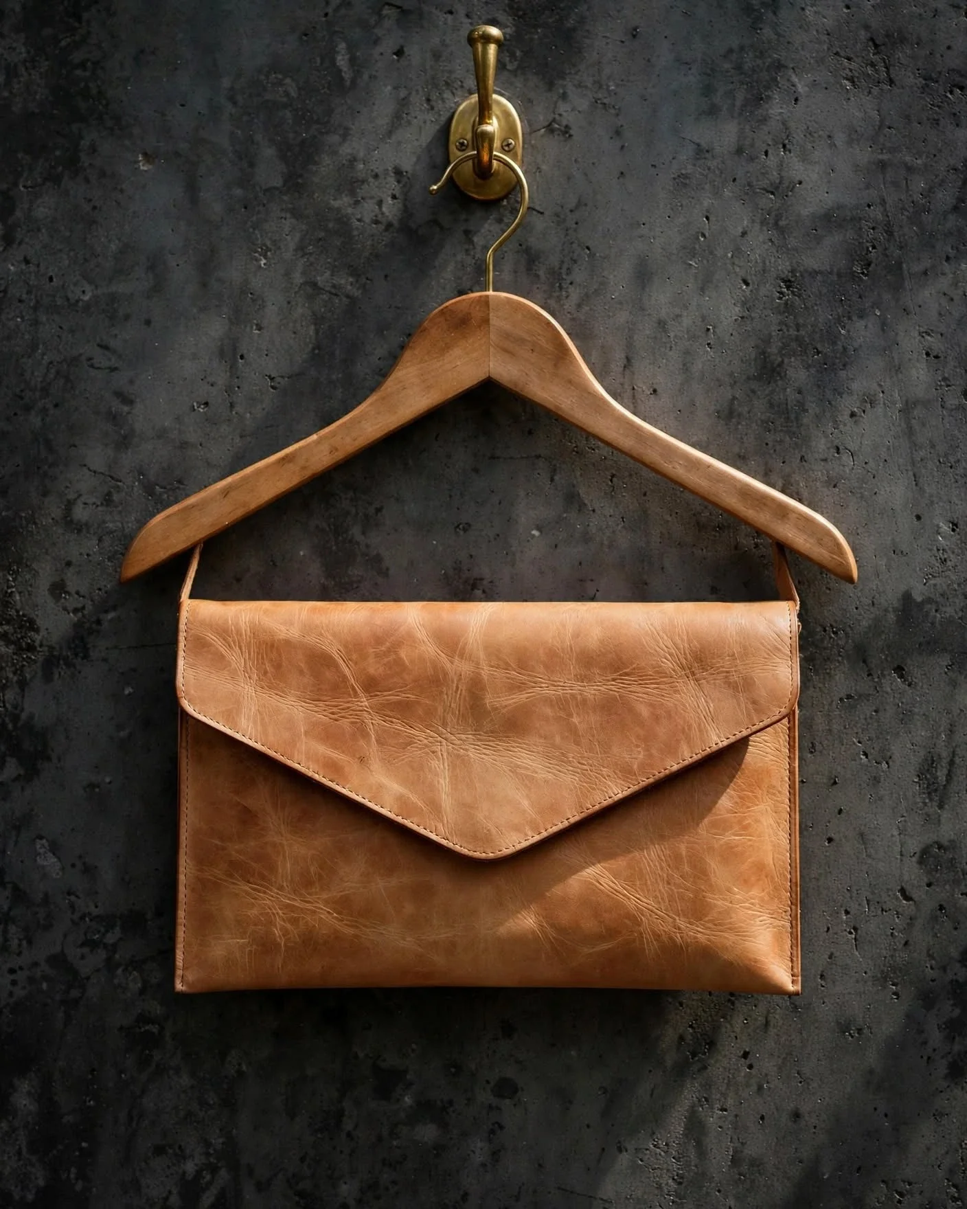 Natural tan leather envelope clutch bag with V-flap and visible grain texture hanging on wooden hanger against dark charcoal concrete wall
