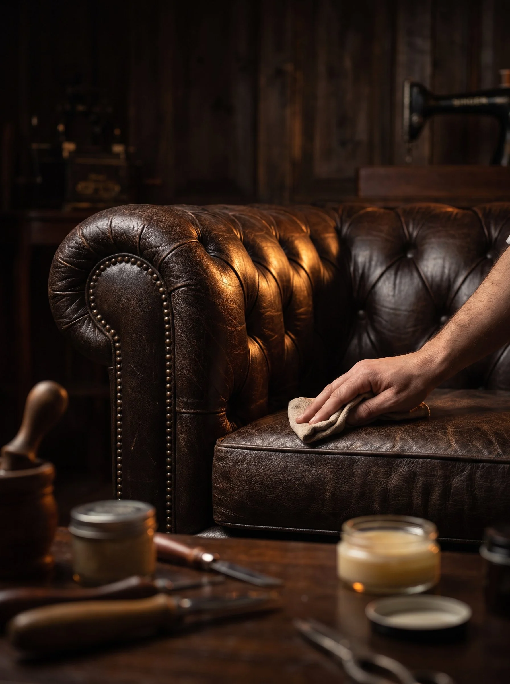 Close-up of a person cleaning a leather sofa with a cloth in a cozy, wooden-paneled room.
