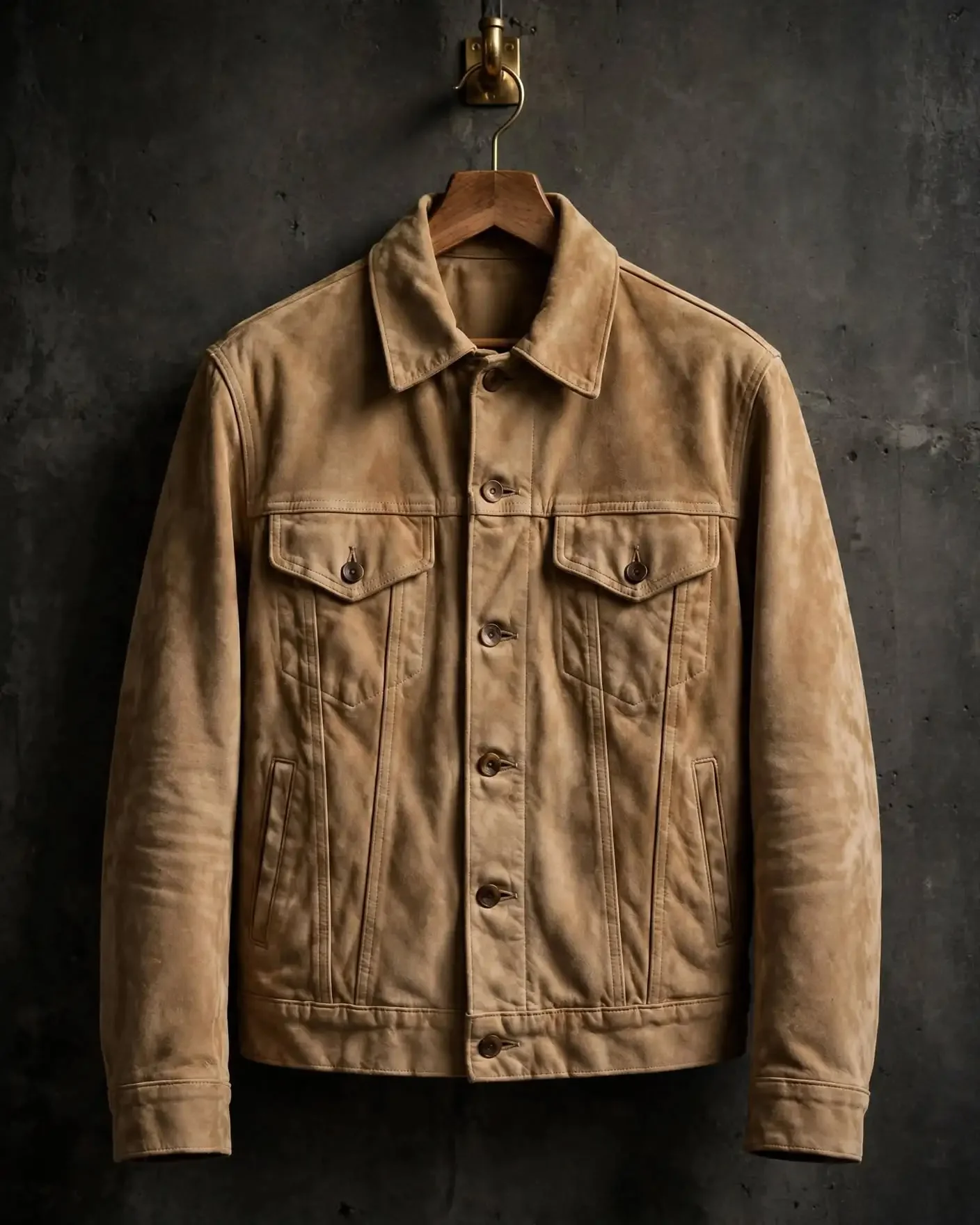 Camel tan suede trucker jacket with soft napped texture, pointed collar, button front and chest pockets on wooden hanger against concrete wall