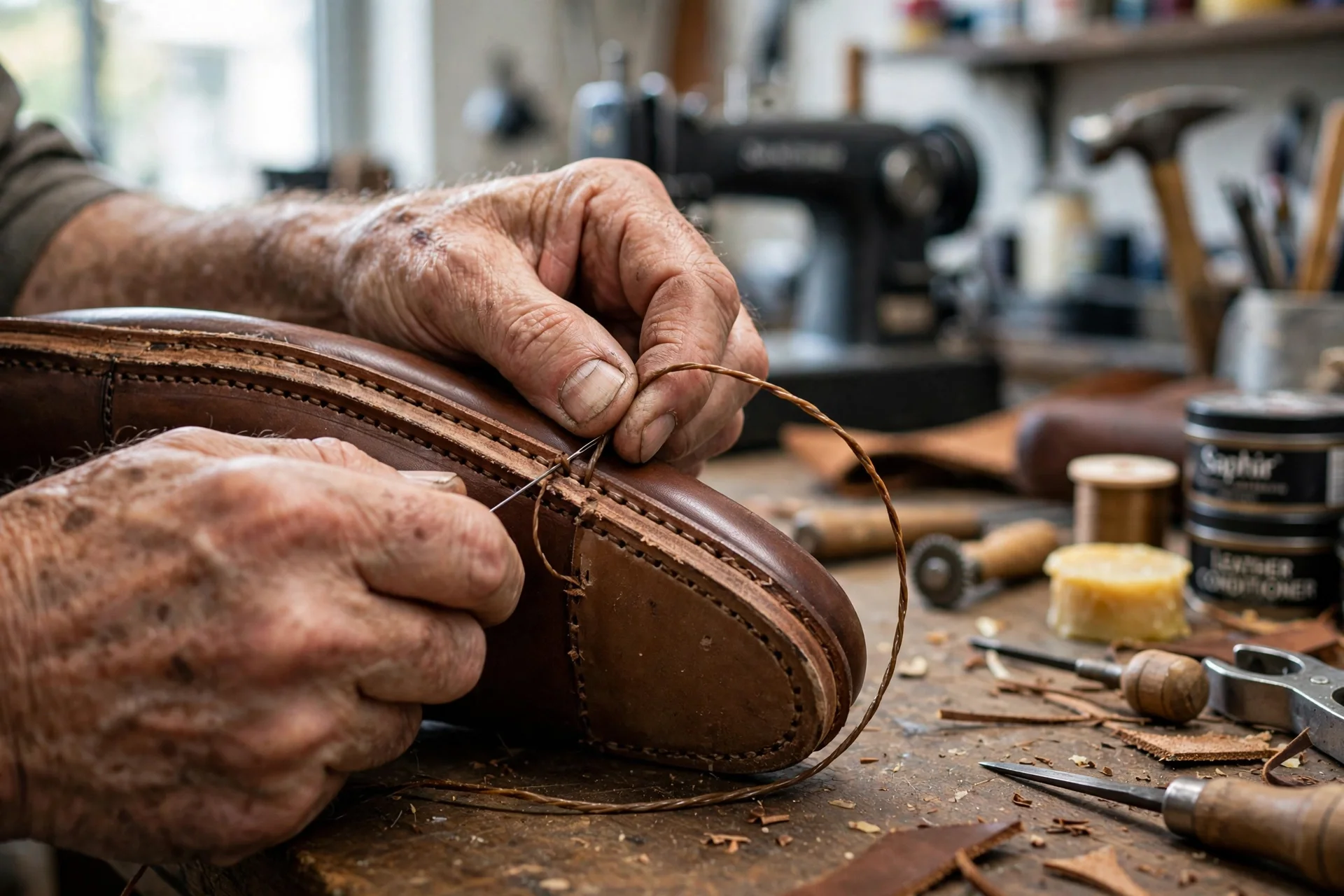 Hands stitching a welt resole on a shoe at workshop