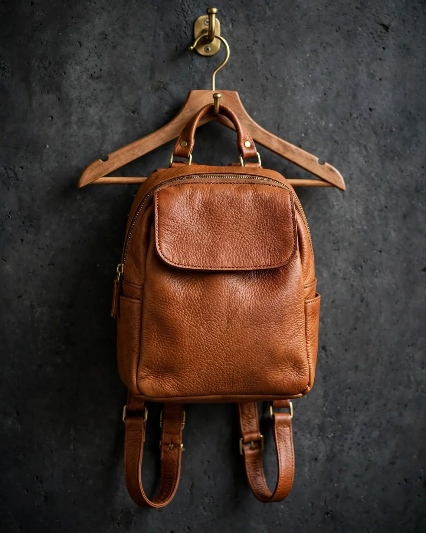 Natural tan leather mini backpack purse with front flap pocket, top handle and dual adjustable straps hanging against dark charcoal wall