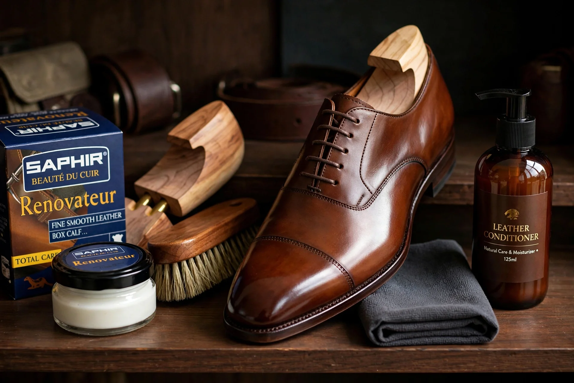 Leather shoe trees and conditioning products alongside a polished dress shoe