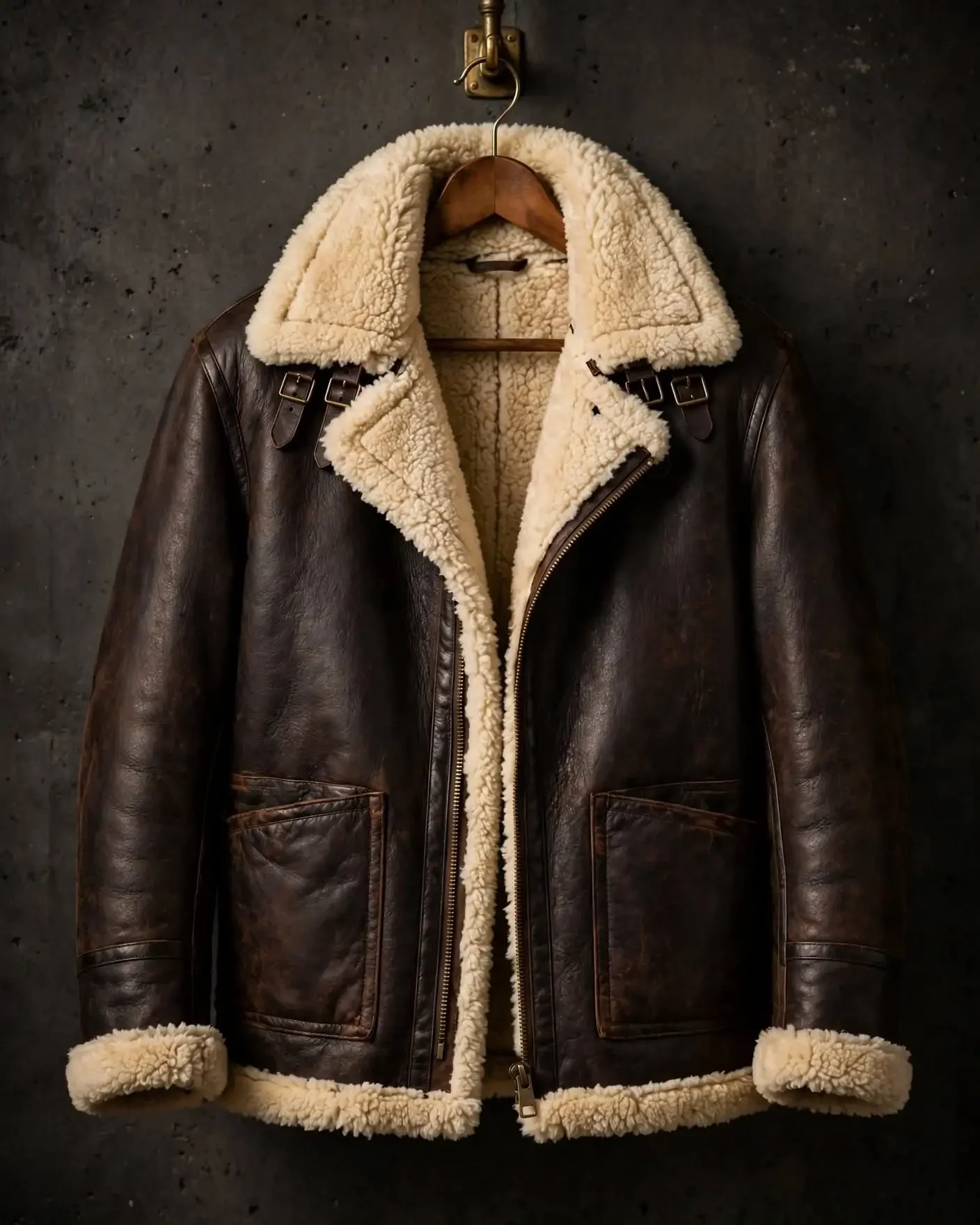 Dark brown leather B-3 shearling bomber jacket with cream shearling collar, full shearling lining, double buckle straps and aviator silhouette on wooden hanger