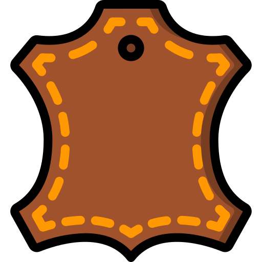 Illustration of a brown leather hide with orange dashed stitching around the edges.