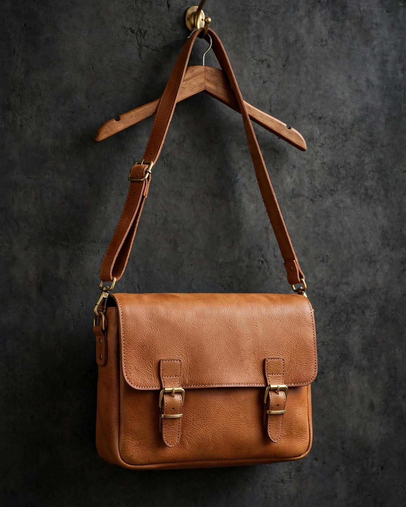 Natural tan pebbled leather messenger bag with flap and dual brass buckles, adjustable crossbody strap hanging against dark charcoal wall