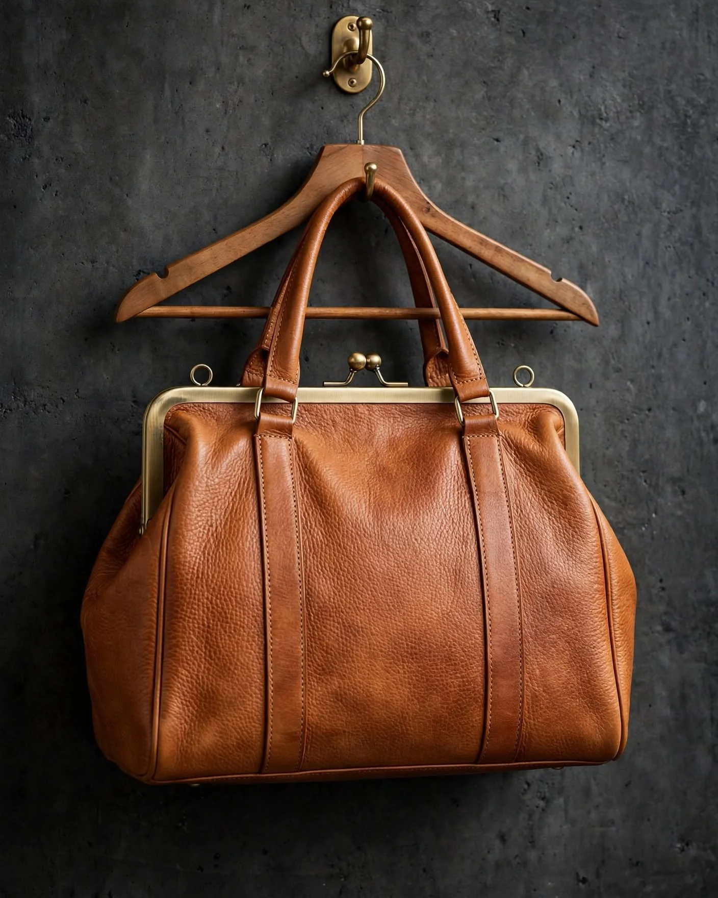 Natural tan pebbled leather doctor bag with brass frame and kiss-lock closure, dual top handles hanging against dark charcoal wall