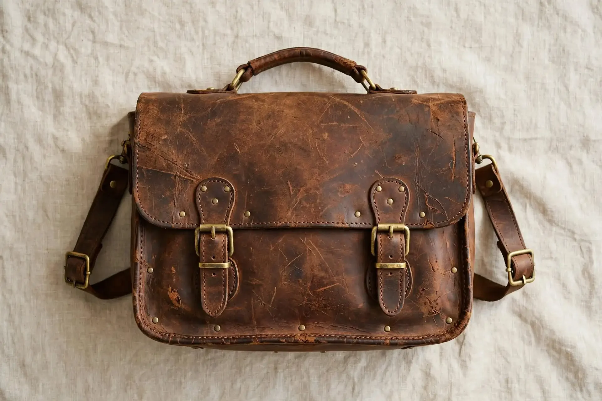 An old brown leather satchel with brass buckles and straps, placed on a light-colored fabric surface.