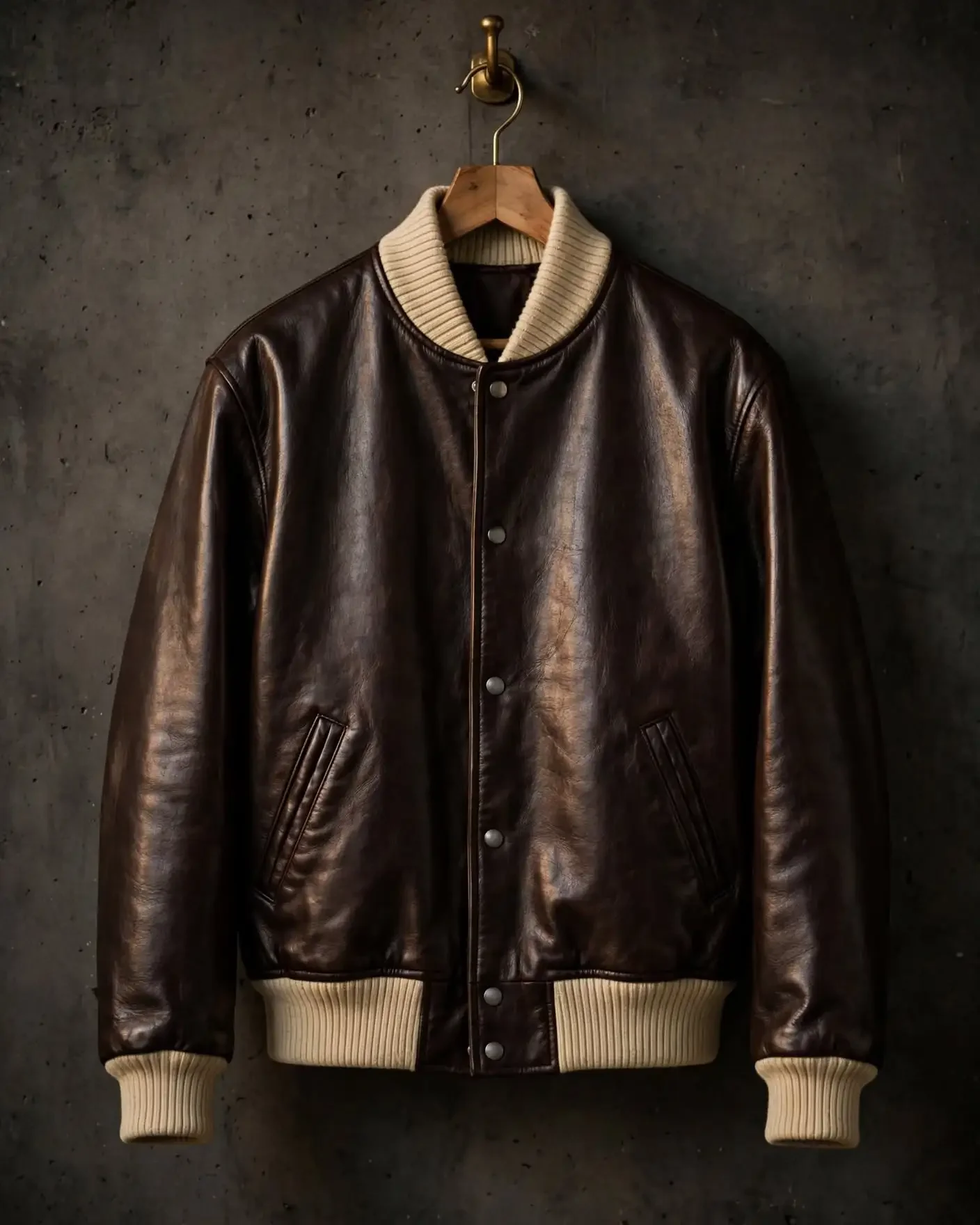 Dark brown leather varsity letterman jacket with cream ribbed knit collar, cuffs and hem, snap button front and slash pockets hanging on hanger