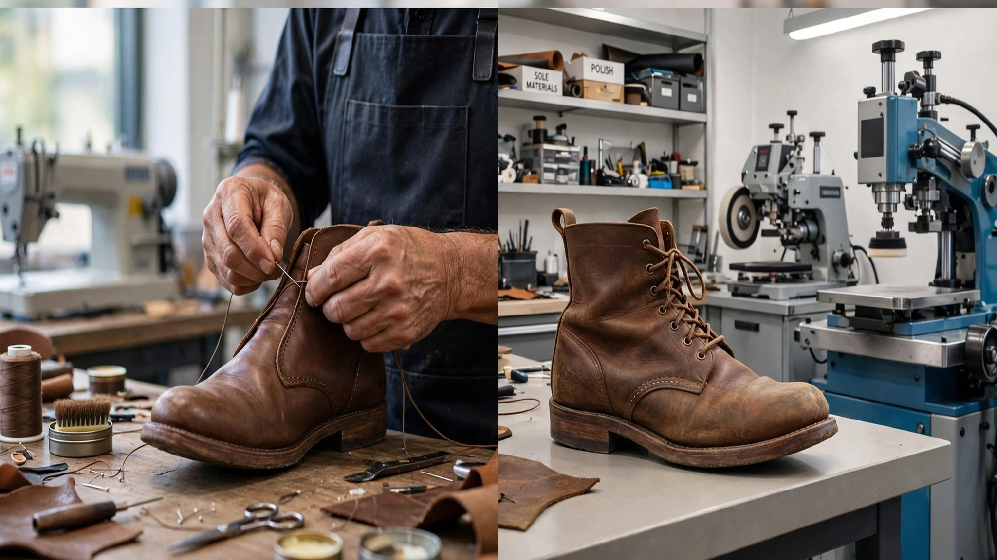Split image of cobbler repairing leather shoe