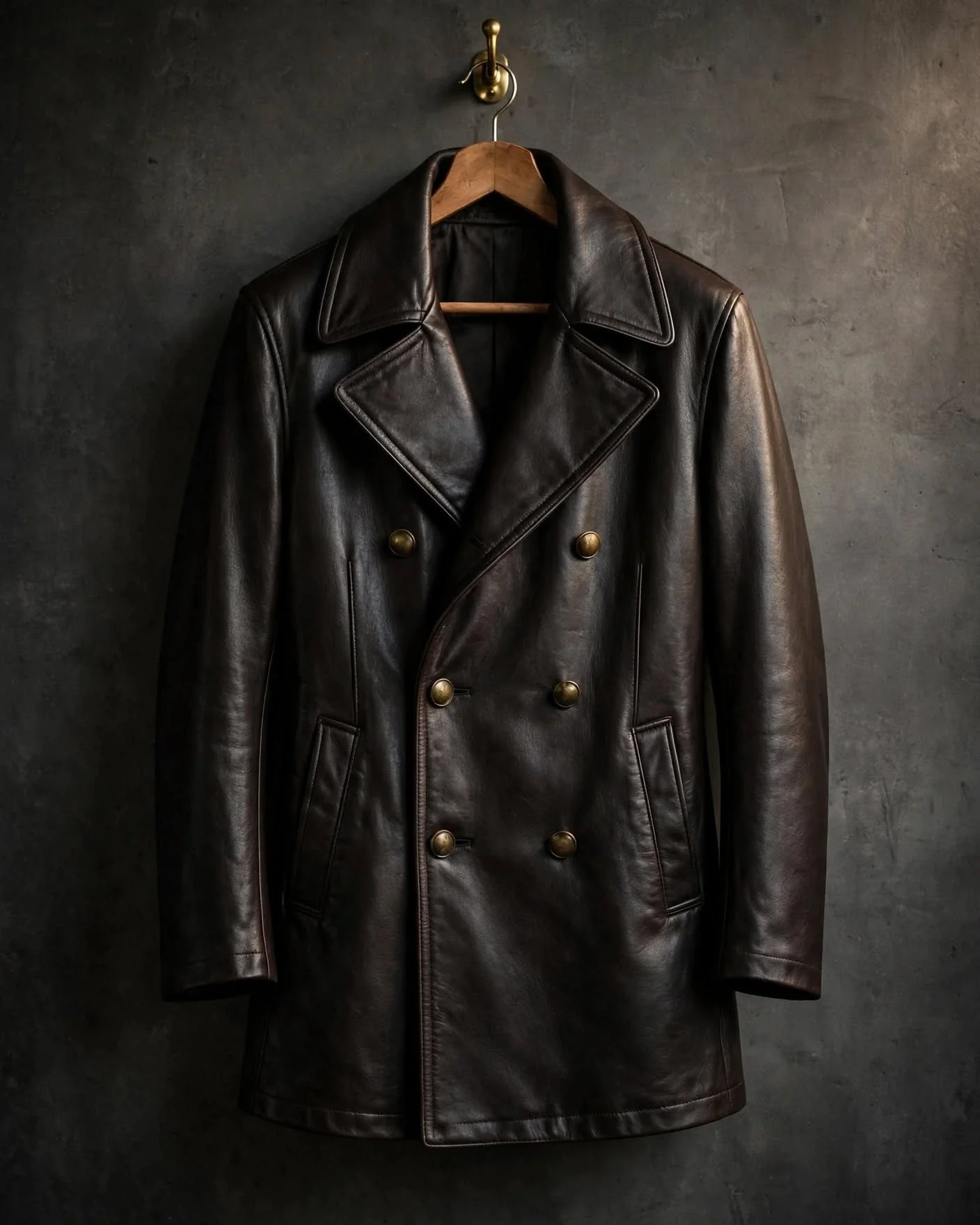 Dark brown leather peacoat double-breasted naval style with broad notched lapels, large buttons and vertical welt pockets