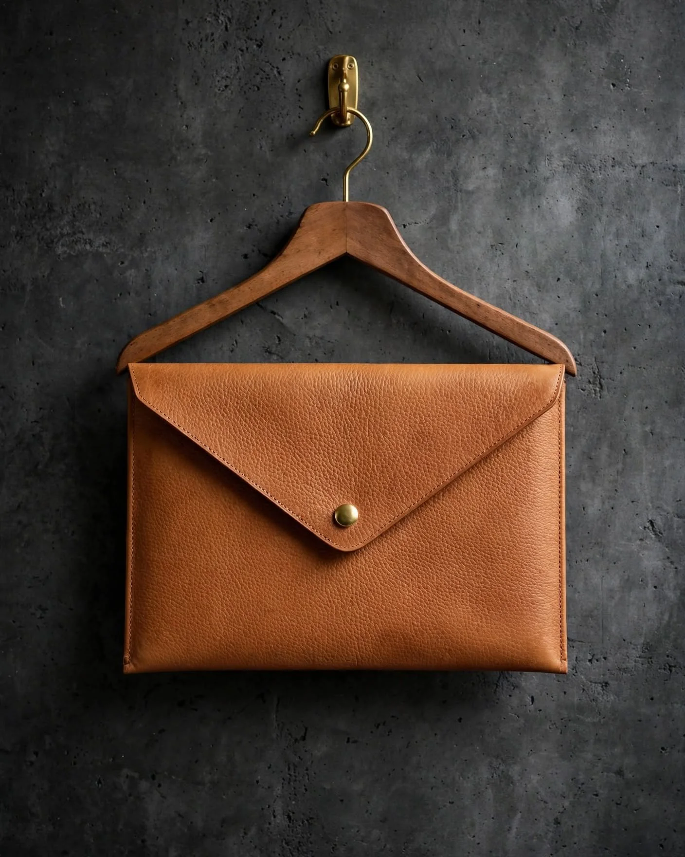 Natural tan pebbled leather envelope clutch with pointed flap and brass stud closure hanging against dark charcoal wall
