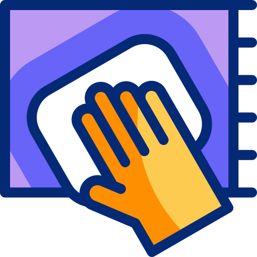 Illustration of a hand cleaning a computer keyboard with a cloth.