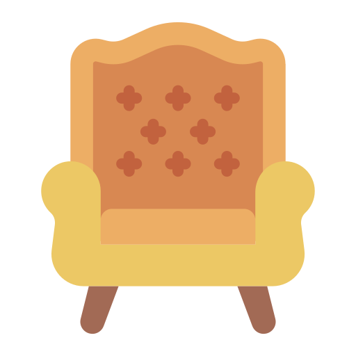 Illustration of a yellow armchair with a floral-patterned backrest and wooden legs.