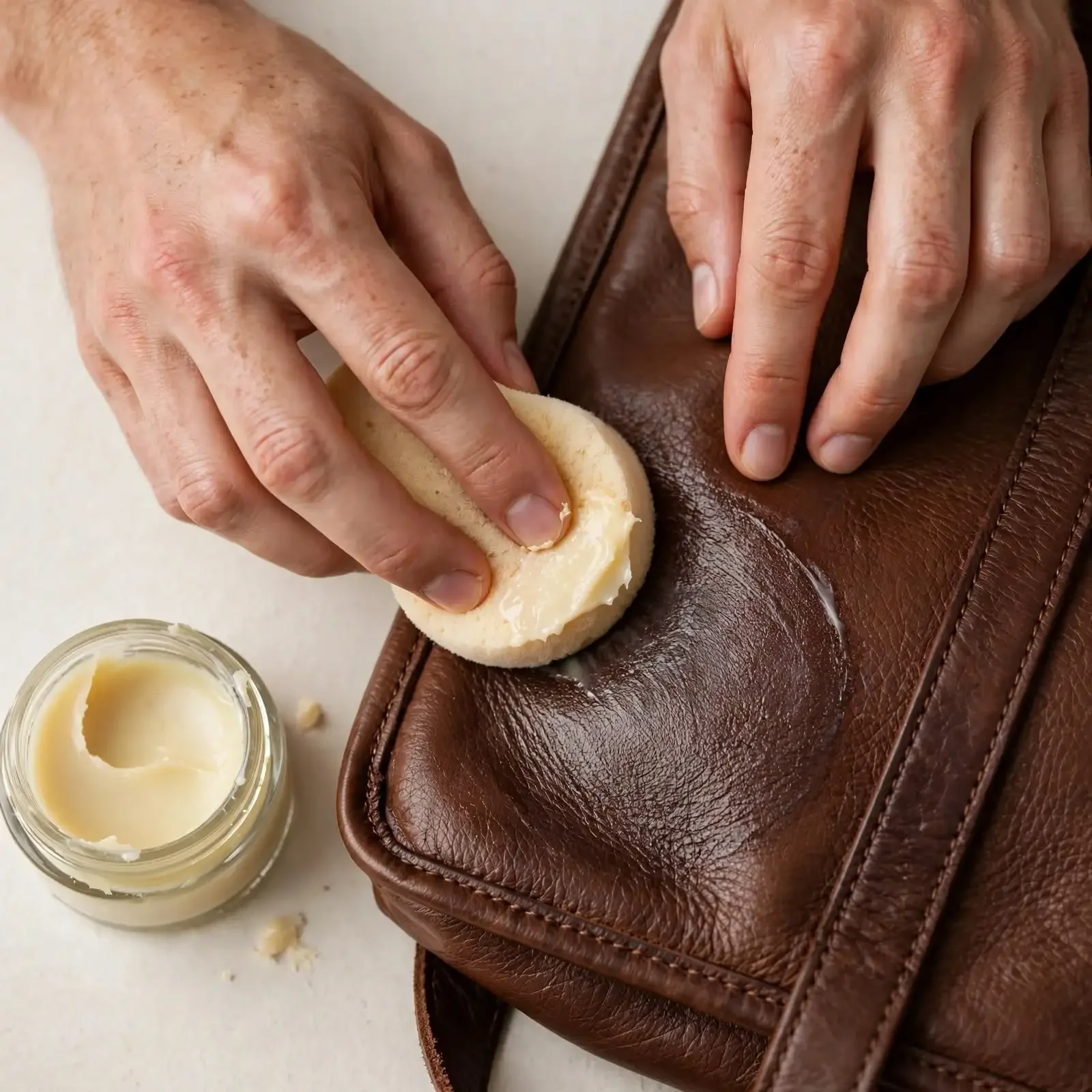 Close-up of hands massaging creamy conditioner into rich brown leather with a soft sponge, with an open jar of balm beside it.