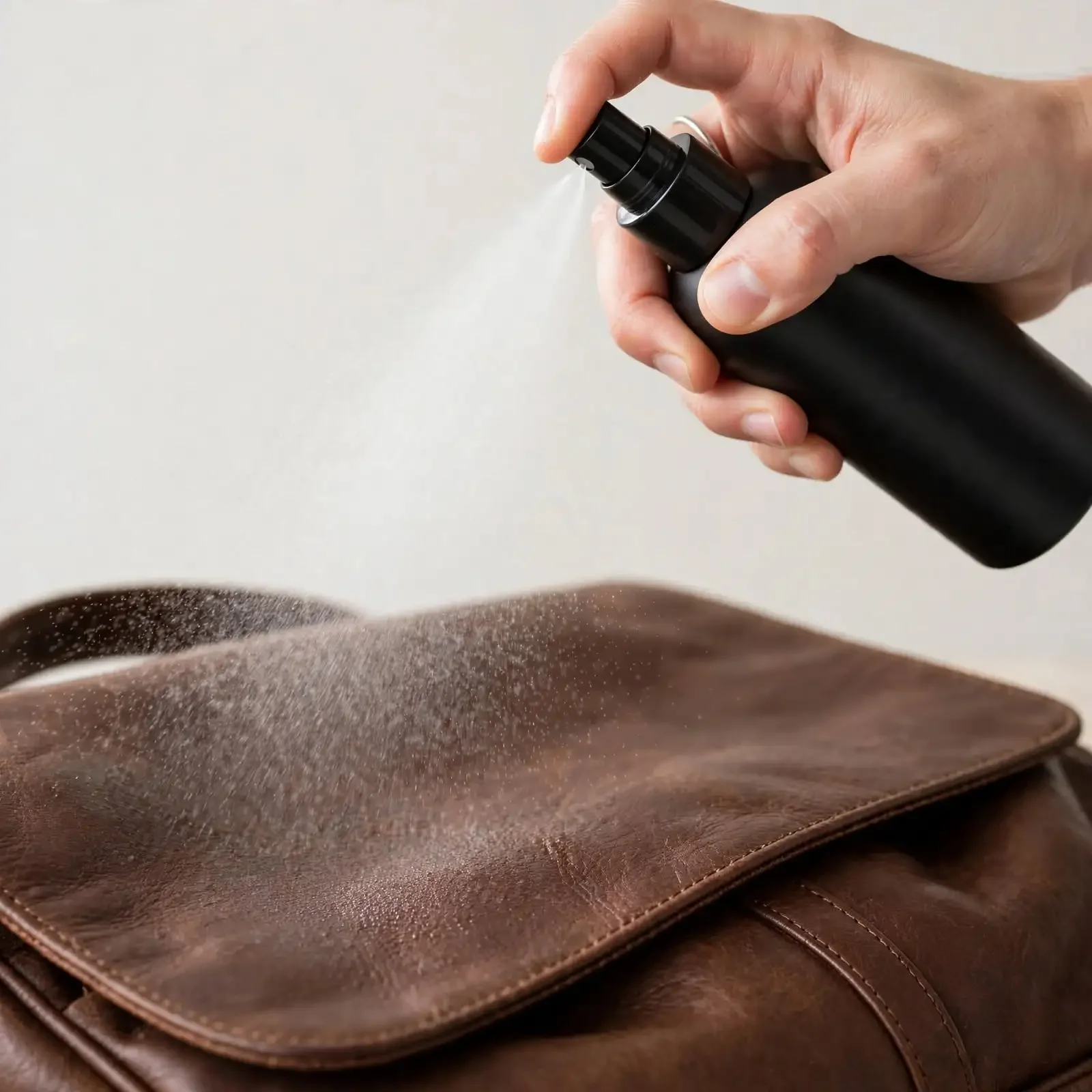 Close-up action shot of a hand misting a matte black protection spray bottle onto a brown leather messenger bag, fine spray droplets visible, minimal light background.