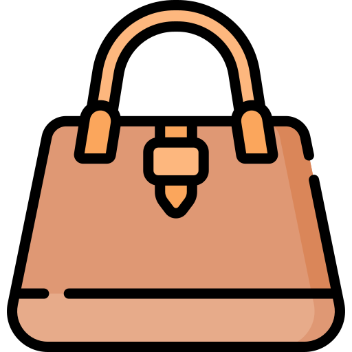 Icon of a beige handbag with a handle and a clasp on a black background.