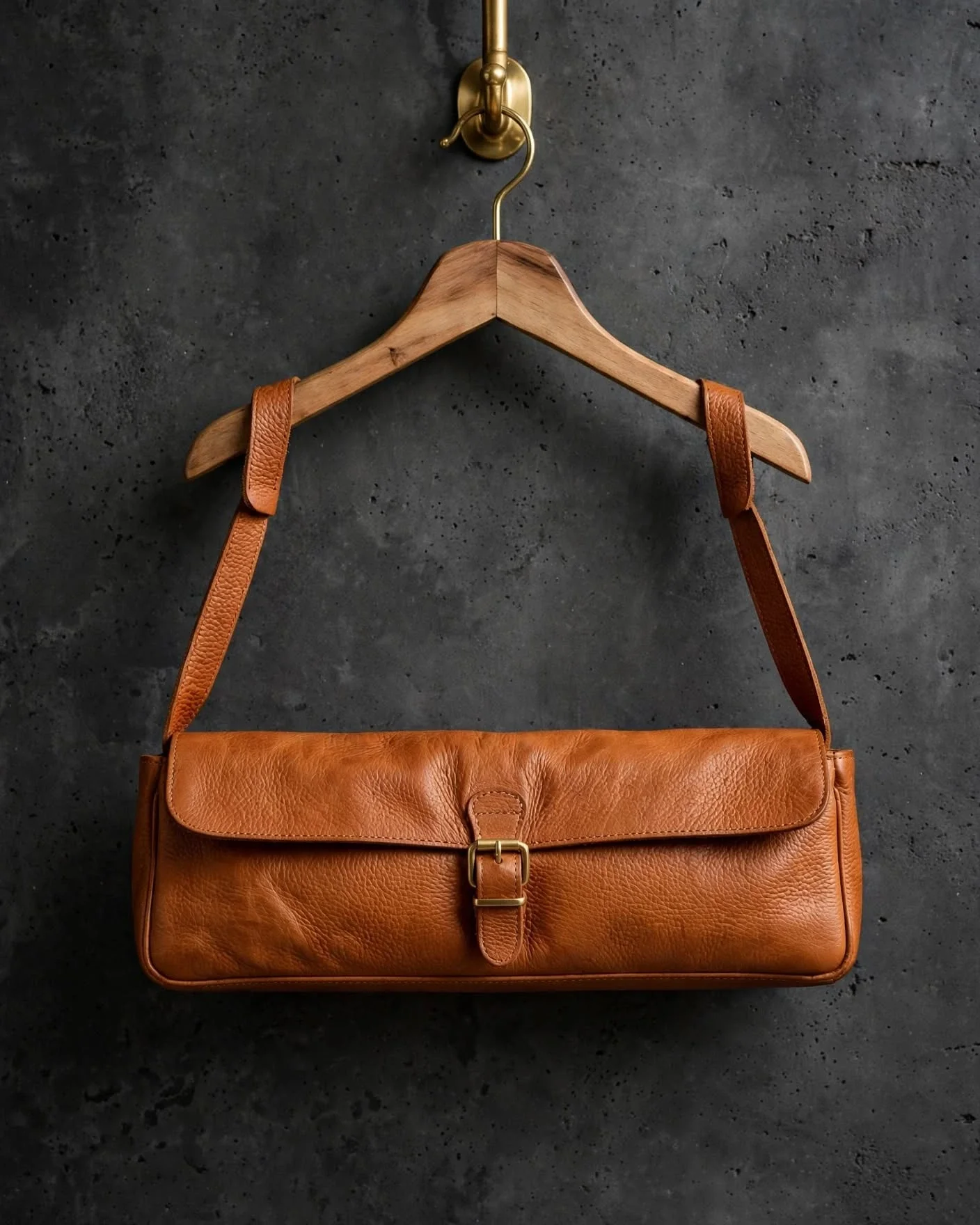 Natural tan pebbled leather baguette bag with flap and brass buckle closure hanging on wooden hanger against dark charcoal wall