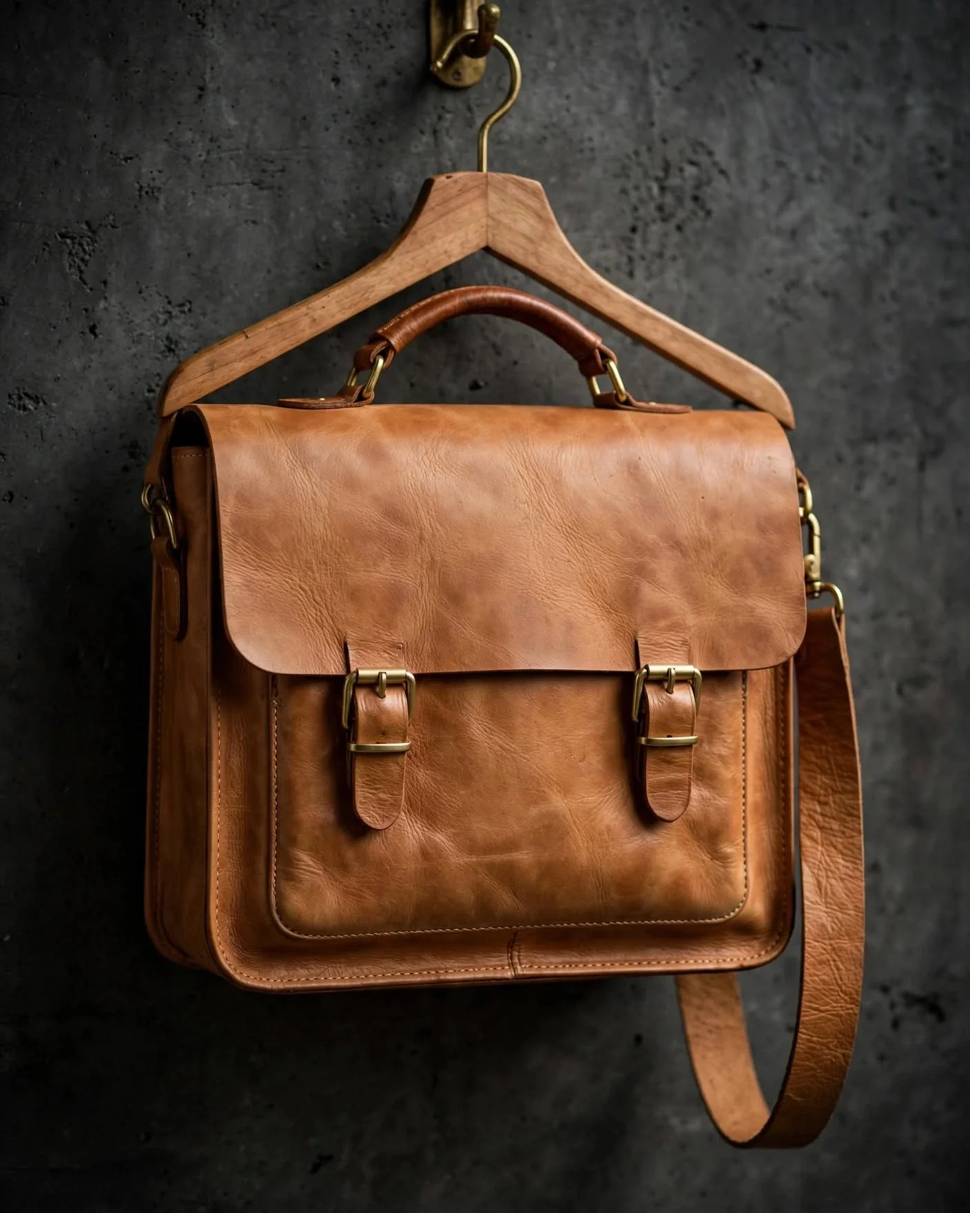 Natural tan leather satchel bag with flap buckle closures, top handle and adjustable shoulder strap hanging on wooden hanger against dark concrete wall