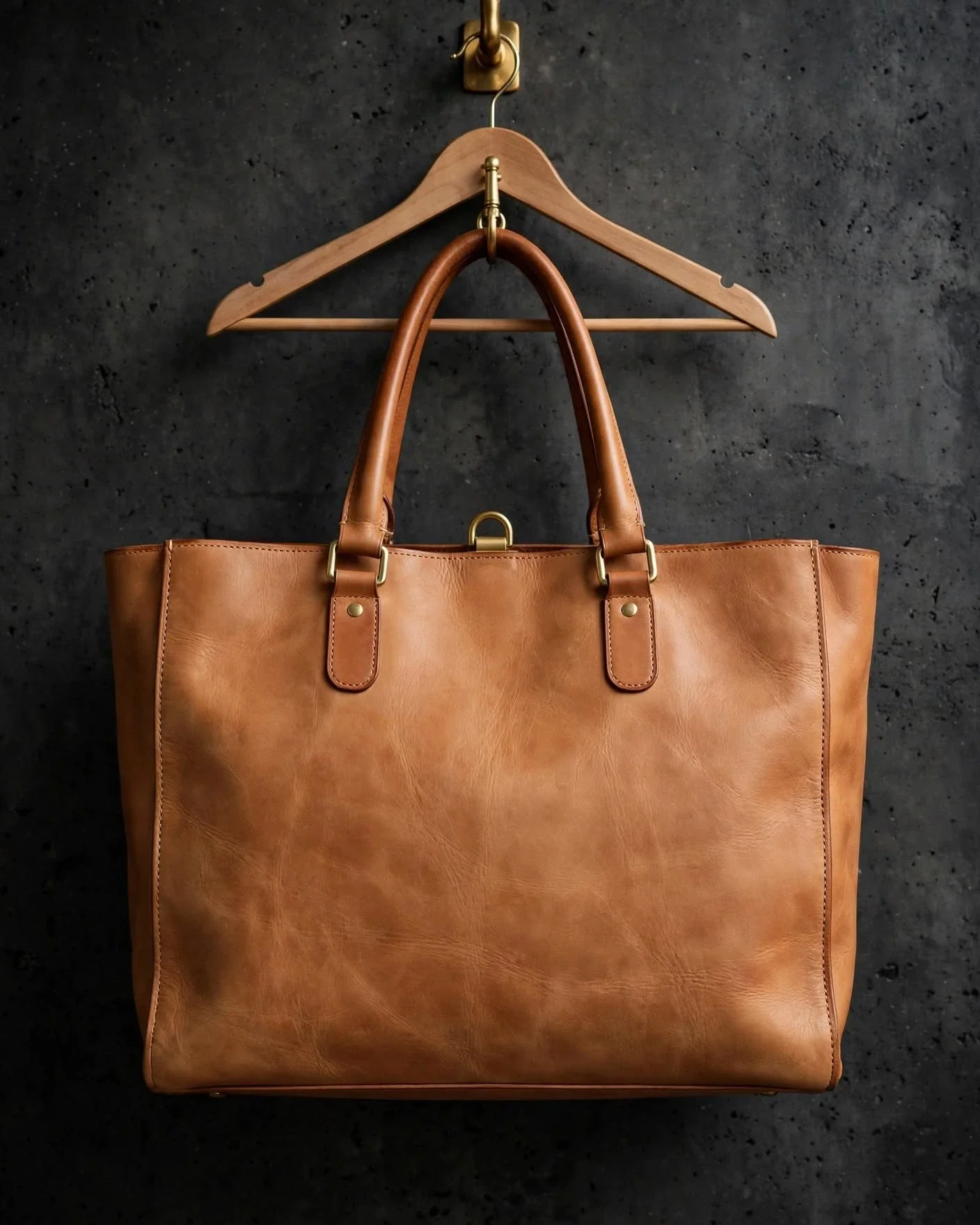 Natural tan vegetable-tanned leather tote bag with rolled top handles and brass hardware hanging on wooden hanger against dark charcoal concrete wall for high contrast