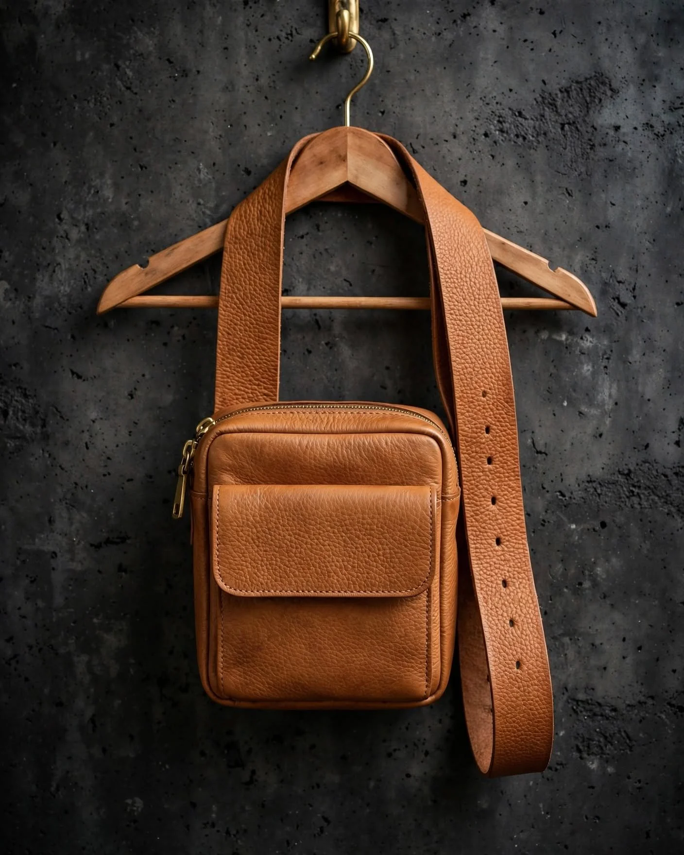 Natural tan pebbled leather belt bag with front flap and wide adjustable belt strap hanging against dark charcoal wall