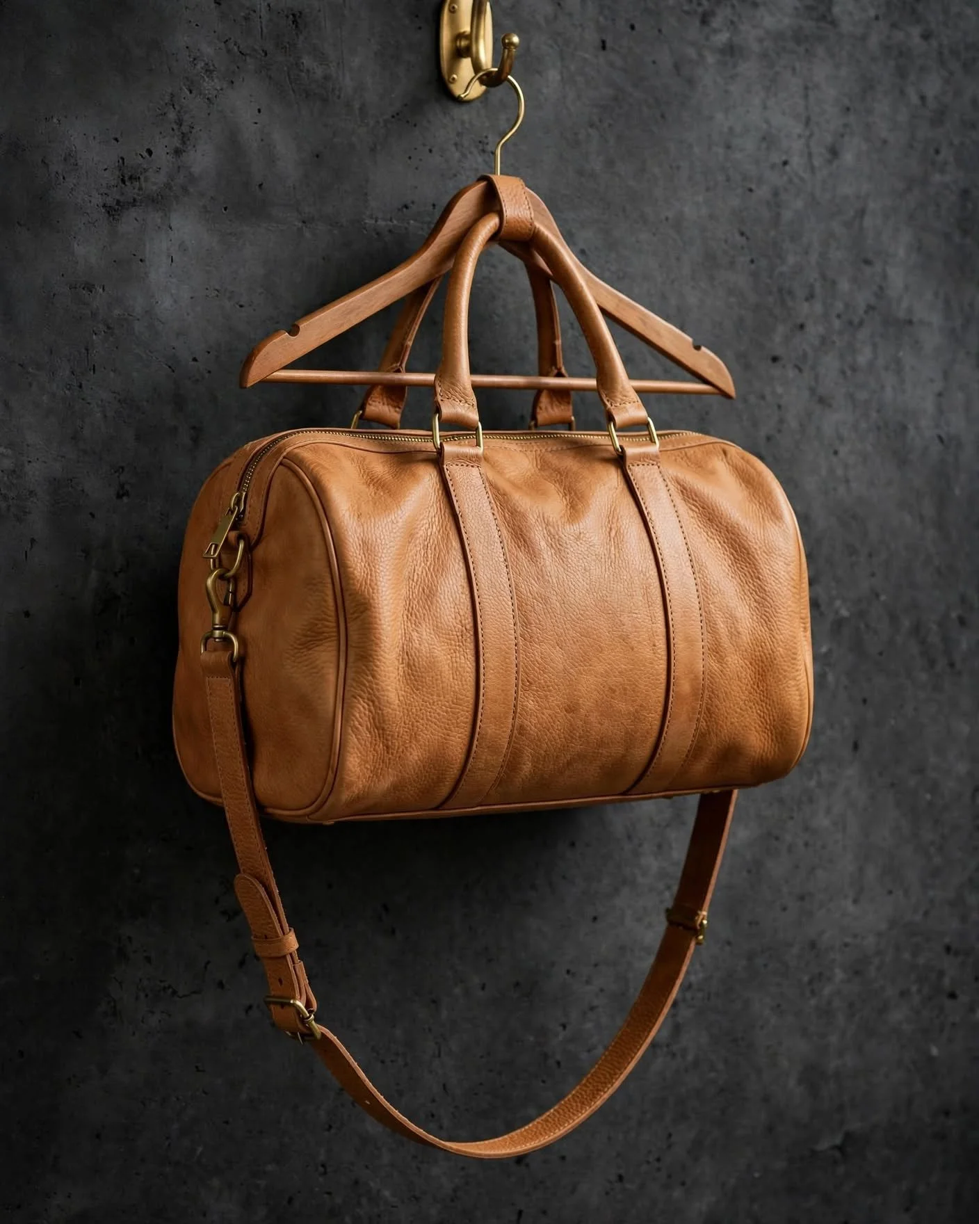 Natural tan pebbled leather barrel bag with dual top handles and long crossbody strap hanging against dark charcoal wall