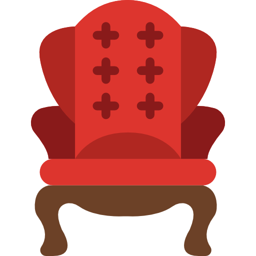 A cartoon-style red throne with a cushioned back and seat, featuring decorative cross patterns, on brown curved legs.
