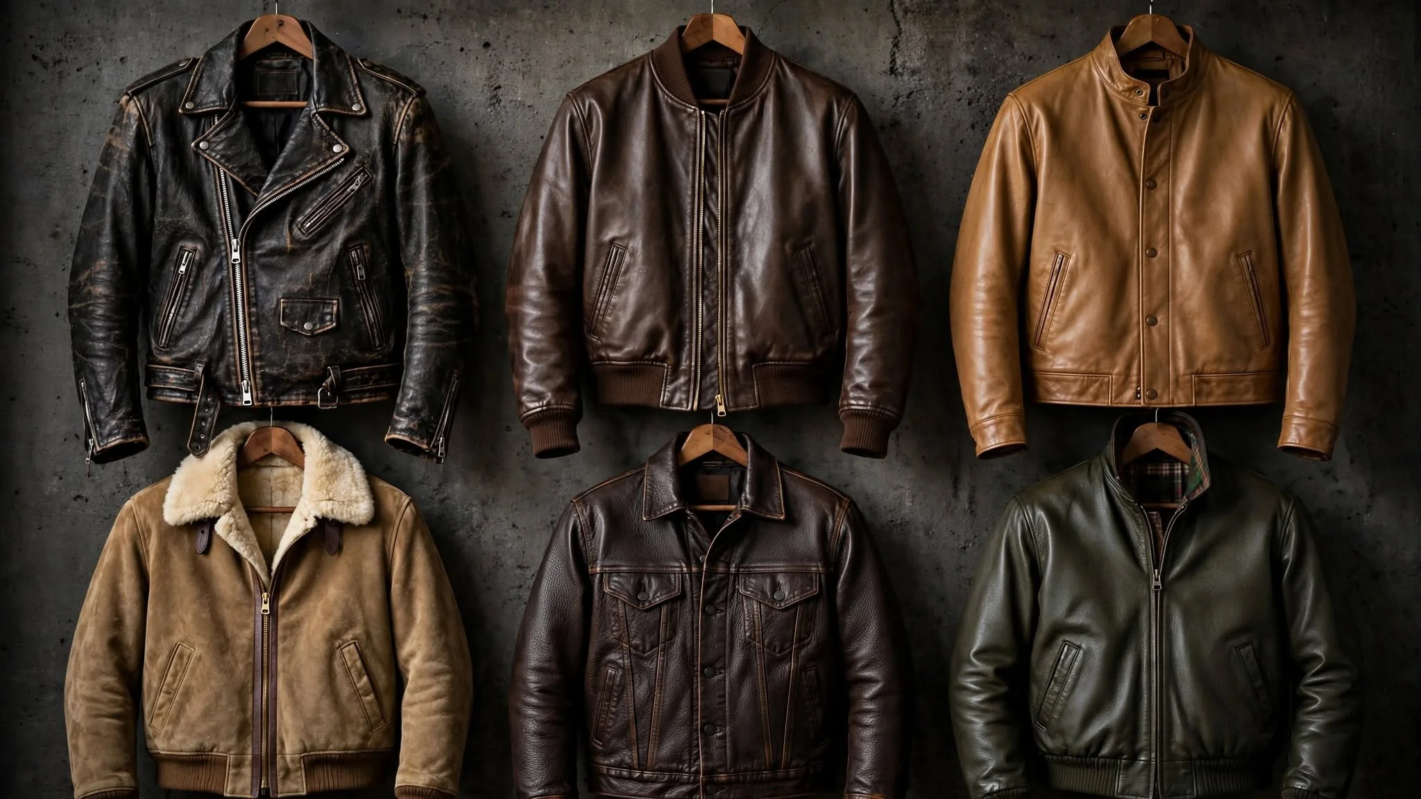 Flat lay of six leather jacket types - biker, bomber, aviator, café racer, trench coat and leather blazer - at Lebanon Leather Work workshop, Lebanon NJ