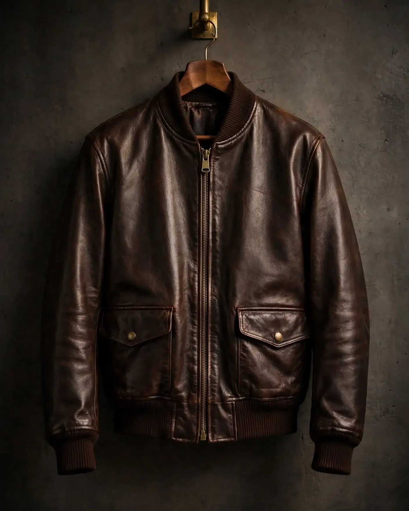 Dark brown leather bomber jacket MA-1 style with ribbed knit collar, cuffs and hem, front zip closure and two flap pockets hanging on hanger
