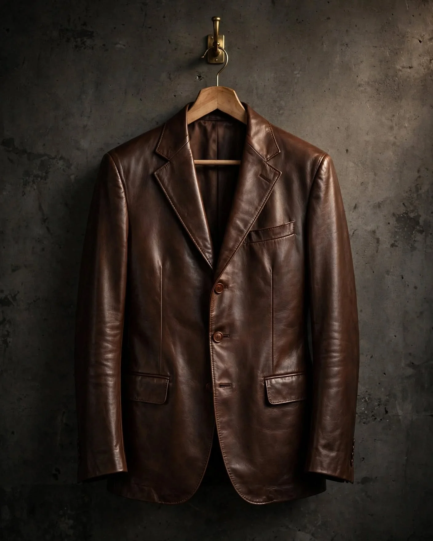 Dark brown leather blazer with tailored single-breasted cut, notched lapels, two-button closure and flap pockets hanging on wooden hanger